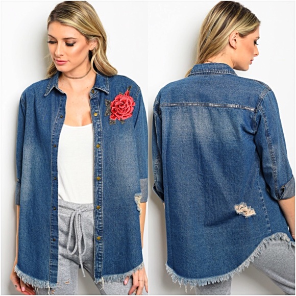 📍SALE Rose Patch Distressed Denim Jacket Shirt - Picture 4 of 7